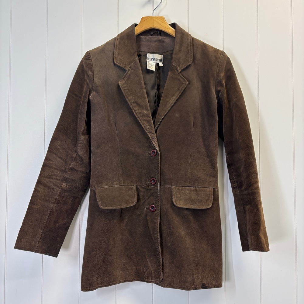 Francine Browner Women 90s Western Boho Leather Blazer Jacket Size 10 Brown Chic